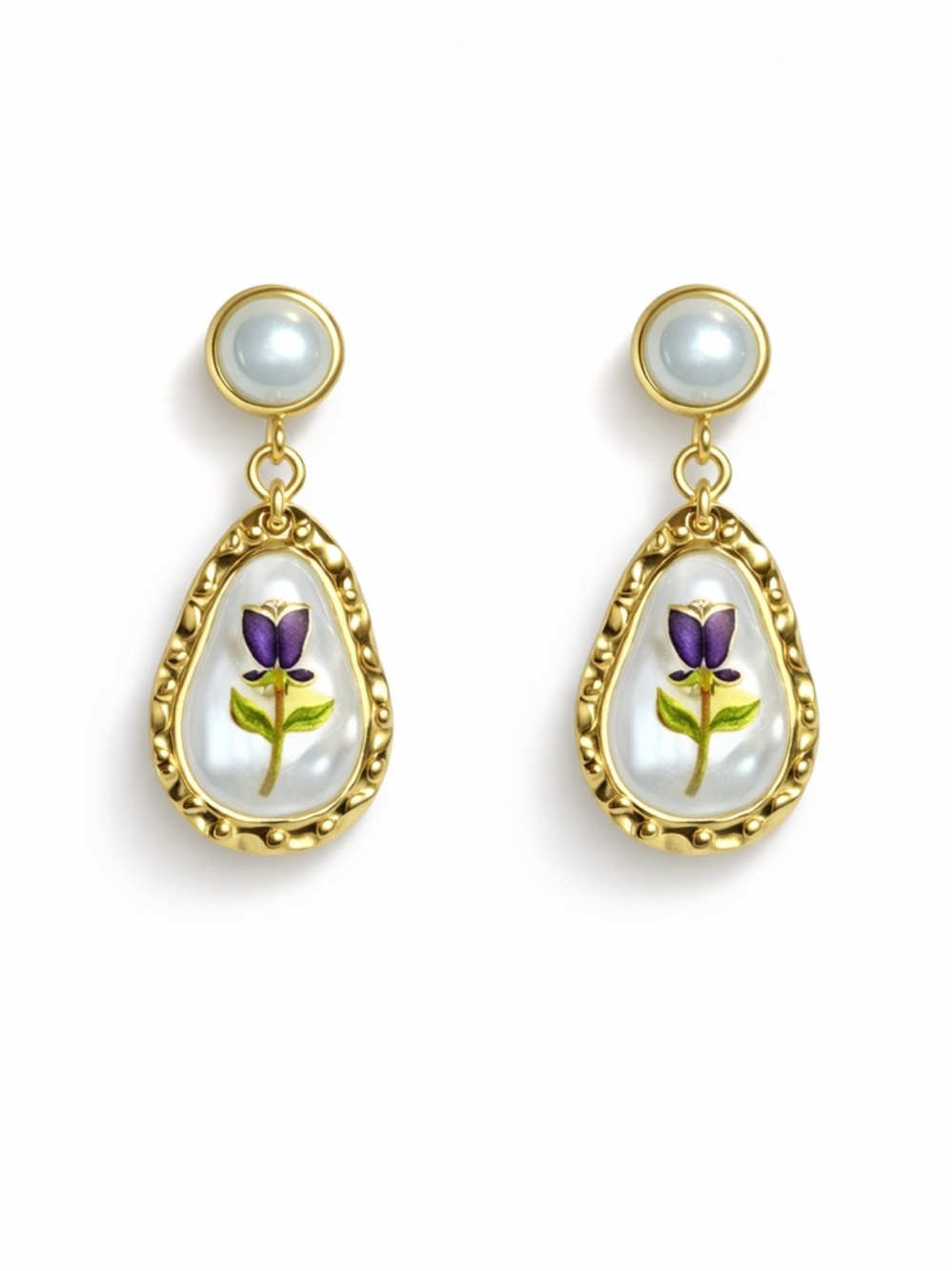 Gold Drop Earrings with Purple Floral Motif